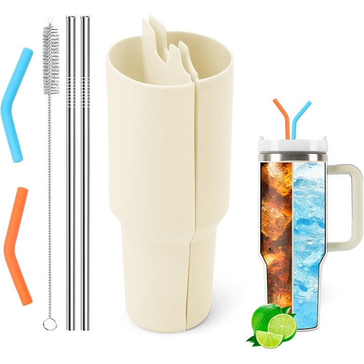 Cupa din silicon 2-in-1 RUIOMII pentru termosuri Stanley 40 oz, cu sac pentru doua bauturi, crem