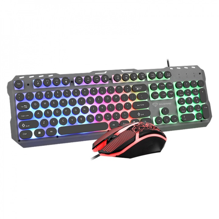 Set tastatura si mouse ASDIIT, design metalic punk, iluminare RGB, baza grea din fier, negru