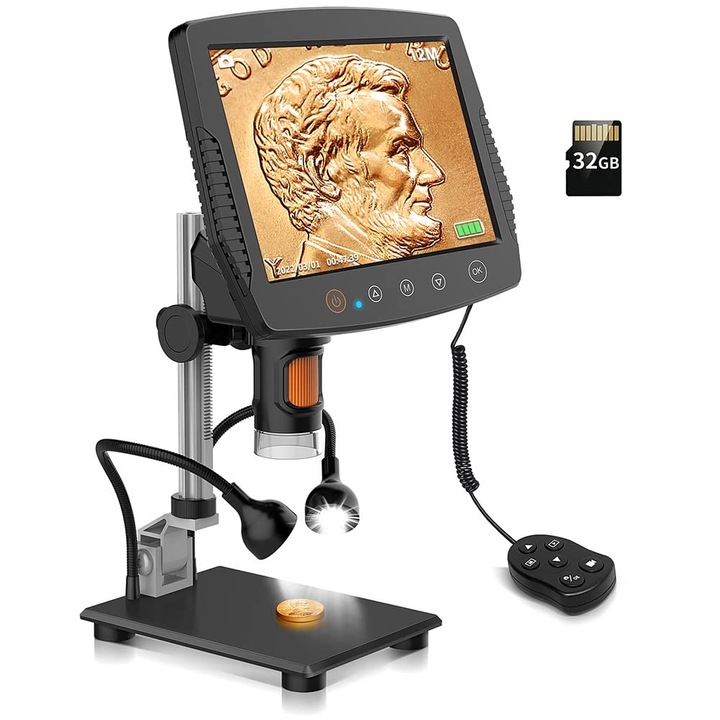 Цифров микроскоп, WALALLA, 9" LCD, 1000x, 32GB карта с памет, 8 регулируеми LED светлини, Windows/Mac съвместим