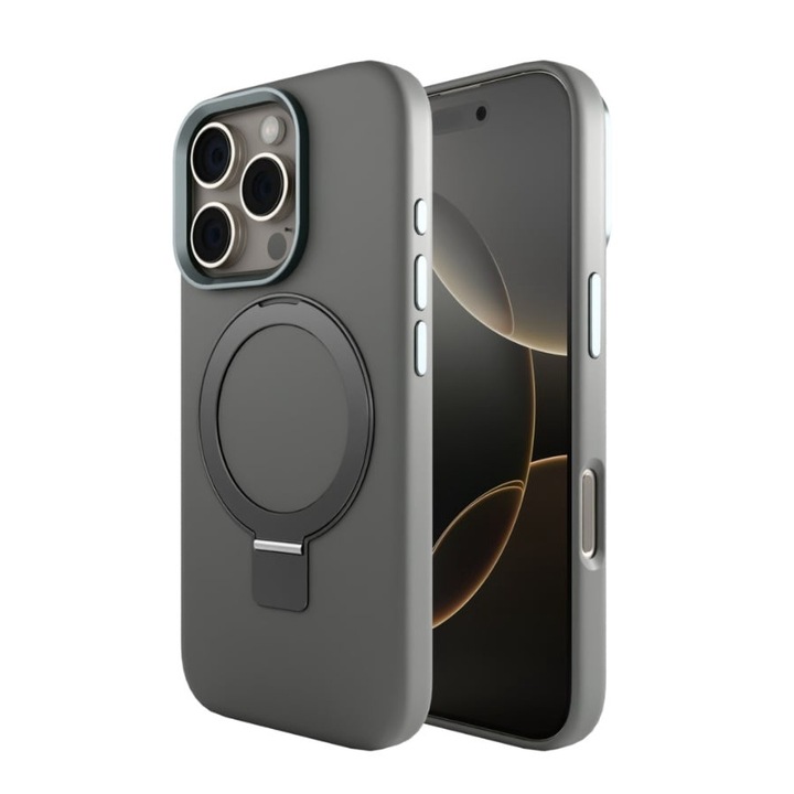 iPhone 16 Pro Max tok, Vetter, Clip-On Silk Series, összecsukható állvánnyal, MagSafe kompatibilis, szürke