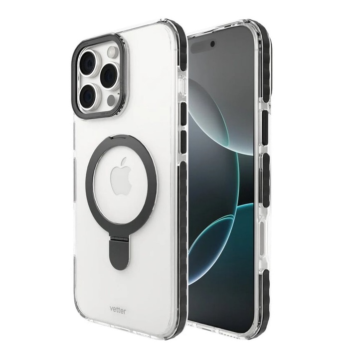 iPhone 16 Pro Max tok, Vetter, Clip-On Silk Series, összecsukható állvánnyal, MagSafe kompatibilis, átlátszó fekete színnel