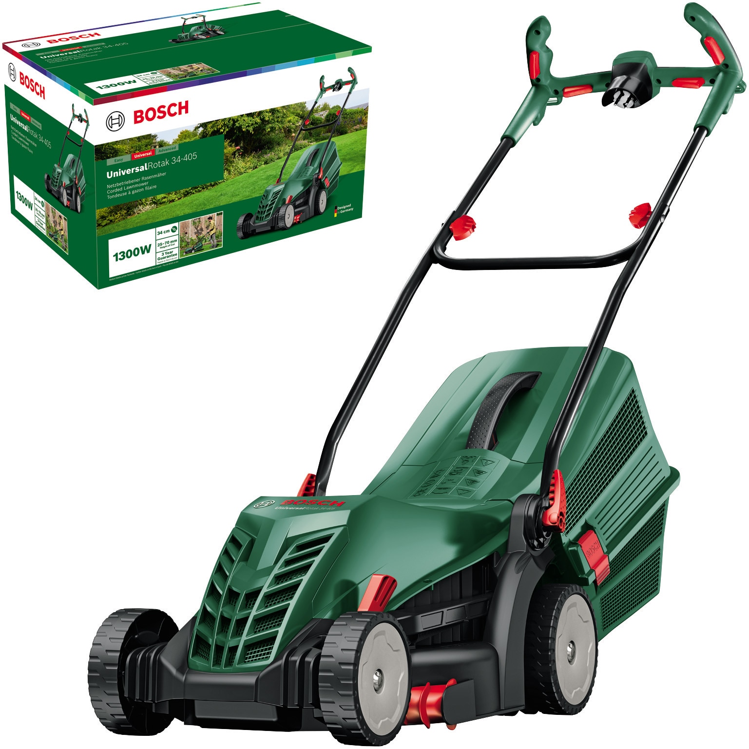 Masina de tuns gazon/iarba electrica Bosch UniversalRotak 34-405, latime taiere 34 cm, 5 trepte de taiere, inaltime taiere 25 - 70 mm, sac colector 40 L