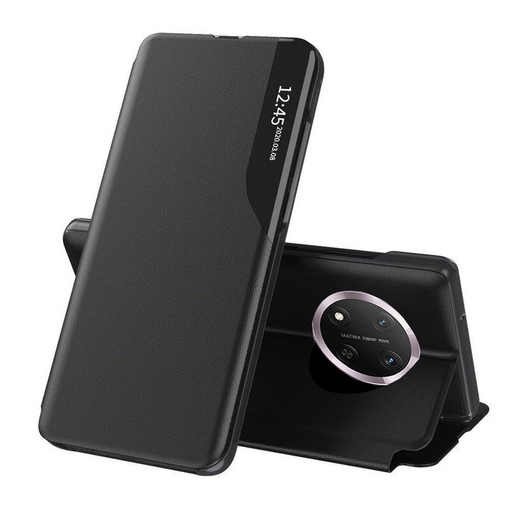 Калъф за Honor Magic 7 Lite тип книга, S-View, функция стойка, премиум качество, Anti-Shock, Enhanced Protection, черен