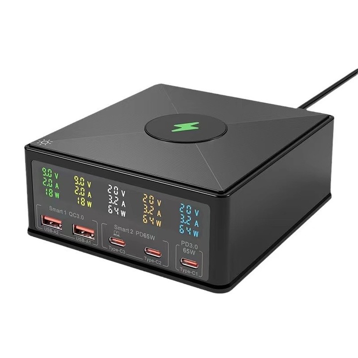 Statie de incarcare 160w, incarcator extern multi-port incarcare rapida, Usb-C pd65W, QC 3.0, Incarcare wireless fast QI 15w