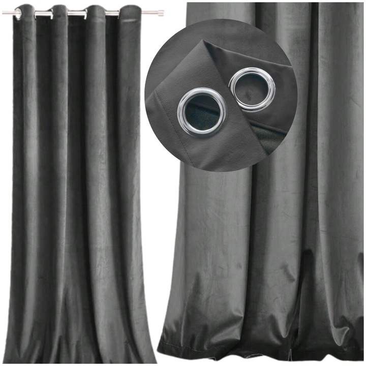 Bársonyfüggöny, ZOLTA, sötétszürke, 250x140cm, felfüggesztő gyűrűkkel