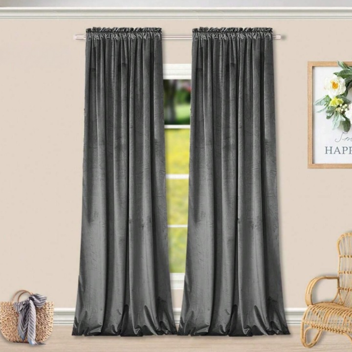 Завеса от велур, ZOLTA, тъмносив, 250x140см, готова за окачване