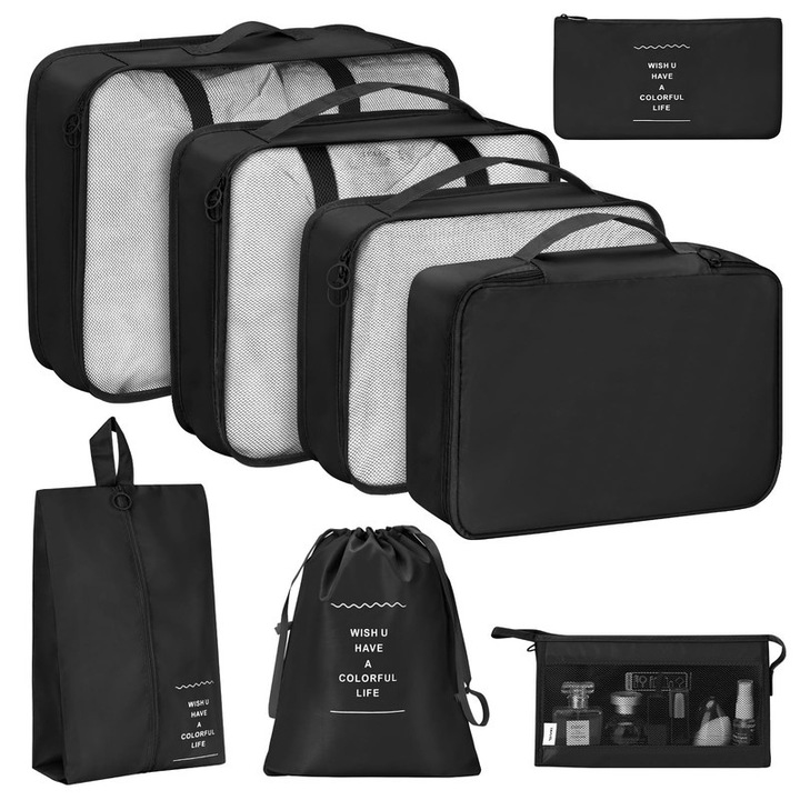 Set de 8 huse organizare bagaj pentru calatorie, accesorii de calatorie, geanta mare pentru haine, pantofi, cosmetice si articole de toaleta, negru, nylon