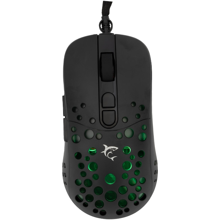 Vezetékes gamer egér White Shark TRISTAN v2, 12 800 DPI, 1 000 Hz, 66 IPS, 20G, INSTANT A825 lapkakészlet, HUANO kapcsolók, programozható gombok, RGB LED, 1,8 m-es paracord kábel, 91 g, porbevonat, fekete