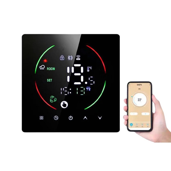 Termostat WiFi cu ecran tactil BOMSTOM, Termostat inteligent, pentru incalzire in pardoseala cu centrala pe gaz, display LCD cu ecran tactil, Control prin internet, Tuya Smart/Smart Life, negru, 8.6x8.6cm