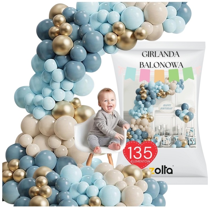 Girlanda balonata pastelata, 135 elemente, nuante de albastru, auriu, dimensiuni variate