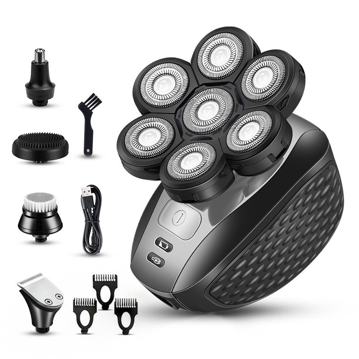 Aparat de ras electric 7D Vsmooth, set 5 in 1, impermeabil, negru, cu capete interschimbabile, trimmer pentru nas, perie de curatare faciala