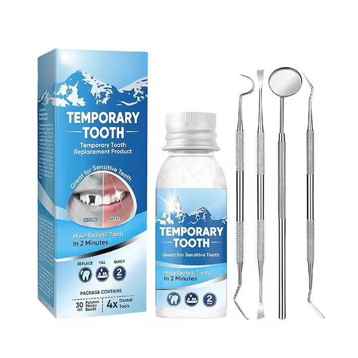 Ideiglenes fogsorjavító készlet, Axroad Mall, Termoplasztikus műfogsor prémium minőségű ideiglenes fogsorokhoz, Biztonságos és nem mérgező, Nem esik ki könnyen, Férfiaknak és nőknek, 30ml, Gyanta, átlátszó.