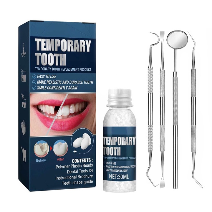 Kit Reparare Dinti Temporara, Axroad Mall, Termoplastic pentru proteze dentare provizori premium, Sigur si non-toxic, Nu este usor sa cada, Pentru barbati si femei, 30ml, Rezina, Transparent