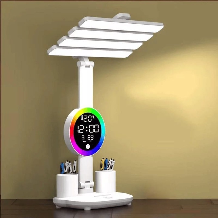 Lampa de birou SMART LED RGB DIGIMAT®, control tactil, cu afisaj digital de temperatura/data/ora, 3 moduri de iluminare, rece/stare de veghe/cald, design modern, incarcare USB-C, spatiu organizare pixuri si alte accesorii, Alb