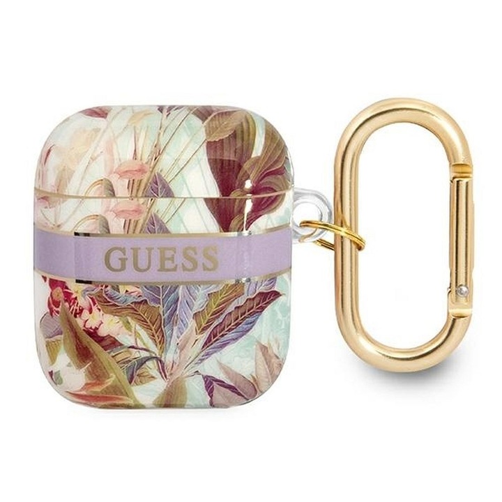Защитен калъф Guess за Apple AirPods 1/2, GUA2HHFLU, колекция Flower Strap, лилав