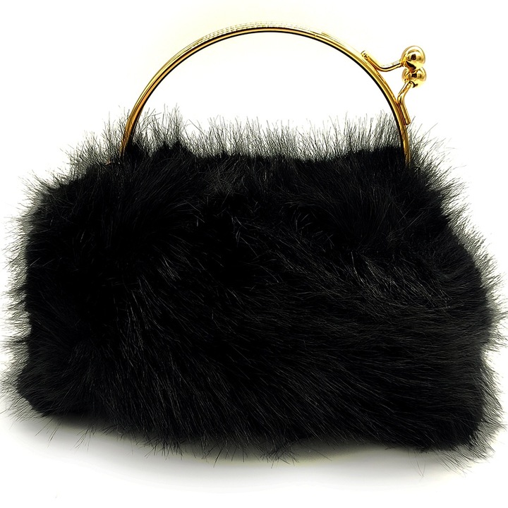 Genta dama mic cu aspect de blana sintetica, de umar & de mana, aur inchidere metalica, eleganta, negru