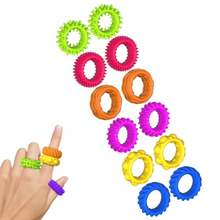 Set 12 inele senzoriale, RUIOMII, din silicon, pentru copii, multicolor