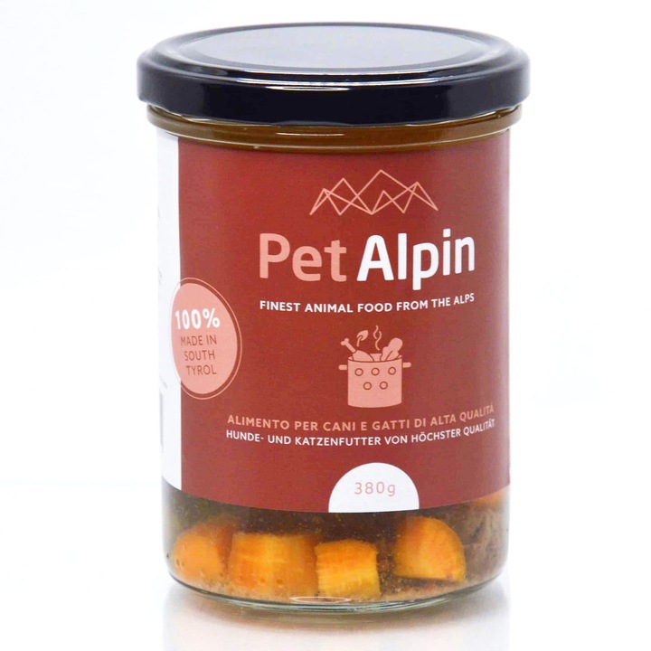 Supa pentru caini si pisici cu miel si morcovi, fabricata artizanal, Pet Alpin, 380 gr