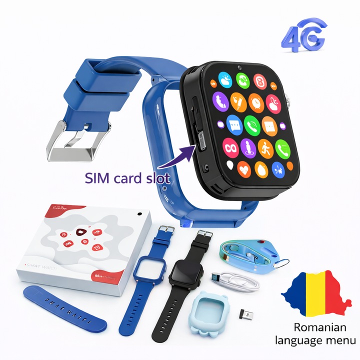 Ceas Smartwatch Pentru Copii Valoria™ T53 cu Functie Telefon, Localizare, Apel video, Camera foto, display touchsreen color, 2 bratari si husa de silicon ALBASTRU