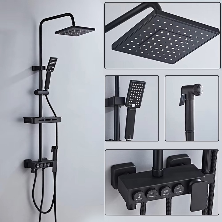 Coloana de Dus Multifunctionala, Novastride®, Set Complet cu Etajera Cosmetice, Para de Dus, Palarie Dus cu Efect Ploaie, 3 Moduri de Pulverizare, Design Modern, Negru