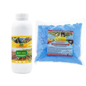 Pachet ulei horticol utilizat in culturile de vita de vie si pomi fructiferi MIF OIL, 1 litru + Sulfat de cupru tip MIF, piatra vanata, pentru stropire pomi fructiferi, vita de vie si legume, 1 Kg