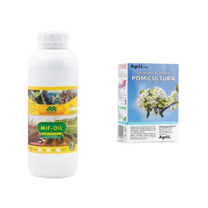 Pachet Tratament de iarna pentru pomicultura, pentru 20 litri de apa + Ulei horticol utilizat in culturile de vita de vie si pomi fructiferi MIF OIL, 1 l