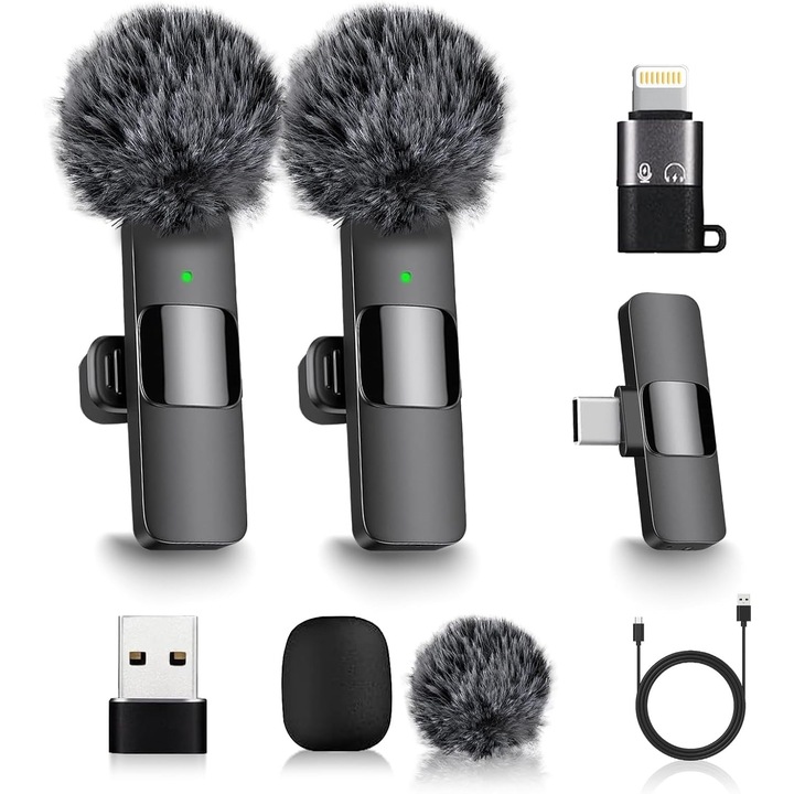 Microfon wireless, 2 microfoane, 2.4G, reducere zgomot, negru, sistem wireless