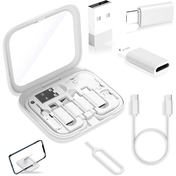 Cutie cablu USB-C cu oglinda, 30cm, 3 adaptoare, organizator SIM, alb