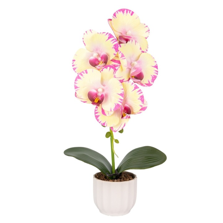 Orhidee cu aspect natural in ghiveci ceramic, 42 cm, Naimeed D6881, Galben pal