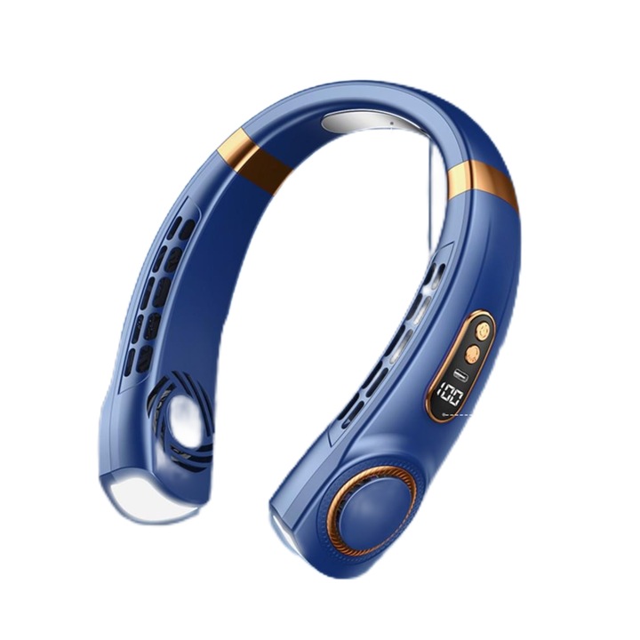 Ventilator portabil pentru gat, RUIOMII®, racire cu portelan de gheata, iluminare ambientala 7 culori, incarcare USB, ajustare 5 viteze, albastru