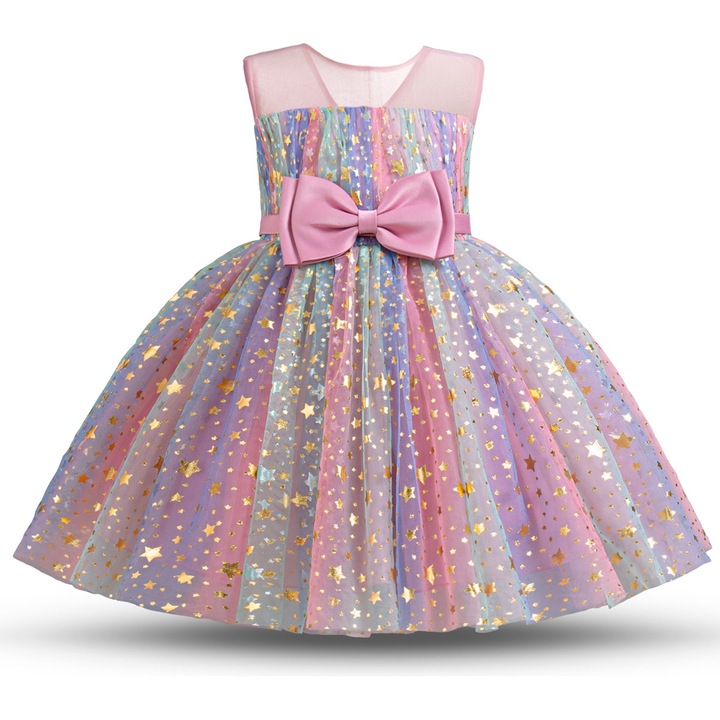 Елегантна рокля в цвят дъга, за деца принцеси момичета, със звезди, парти облекло, Розово
