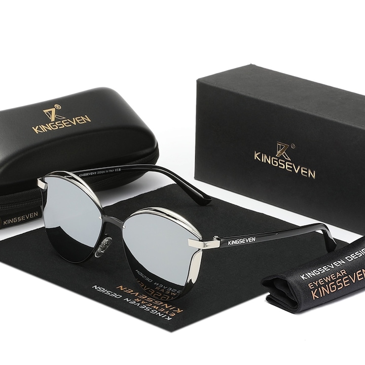 Ochelari de soare dama, Kingseven, polarizati, UV400, moda, rama de ochi de pisica, Marime unica, set complet, argintiu