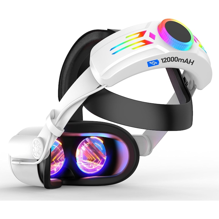 Centura RGB pentru cap cu baterie de 12000mAh pentru Oculus Quest 3/3S, pachet de baterie pentru o durata extinsa de 8 ore de joc, incarcare rapida a puterii VR, centura Elite reglabila pentru un suport si echilibru imbunatatit pentru Meta Quest 3/3S
