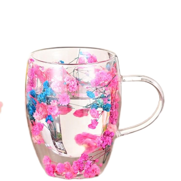 Двустенни чаши, BEIUEN, декорация от сухи цветя, прозрачни със синьо, 350 мл