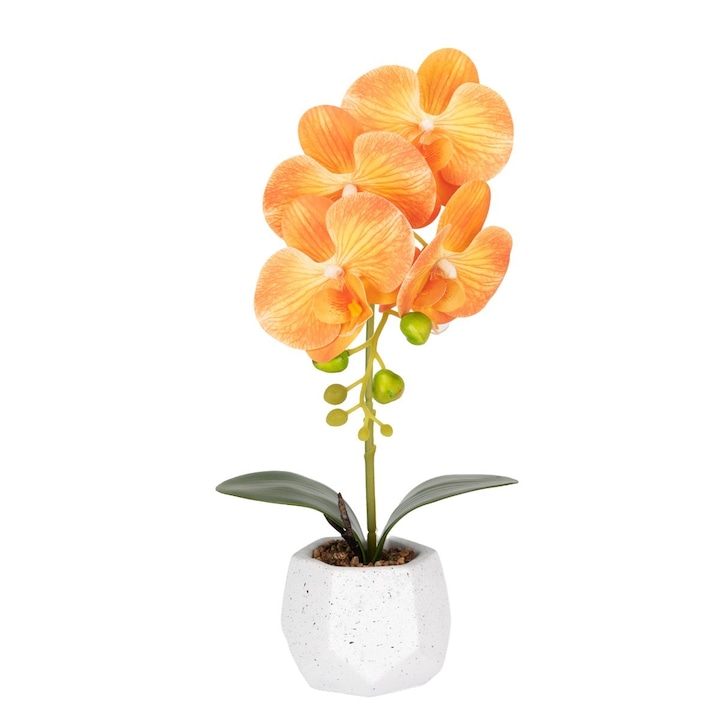 Орхидеи с естествен вид в керамична саксия, 41 см, Naimeed D6885, портокал