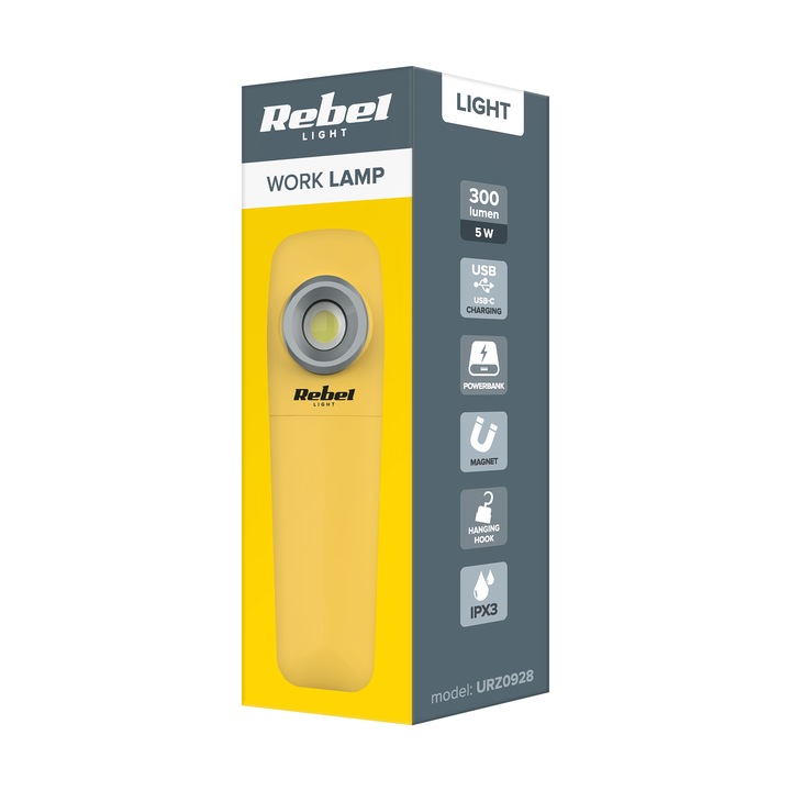 Rebel 5W COB munkalámpa, 300 lm, USB-C, 167x48x31mm