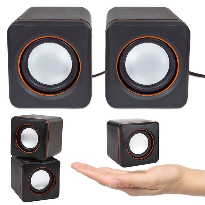 Мини високоговорител за PC 2.0 Sbox SP-02, USB захранване, аудио интерфейс жак 3,5 мм, контрол на звука, вграден усилвател, черен