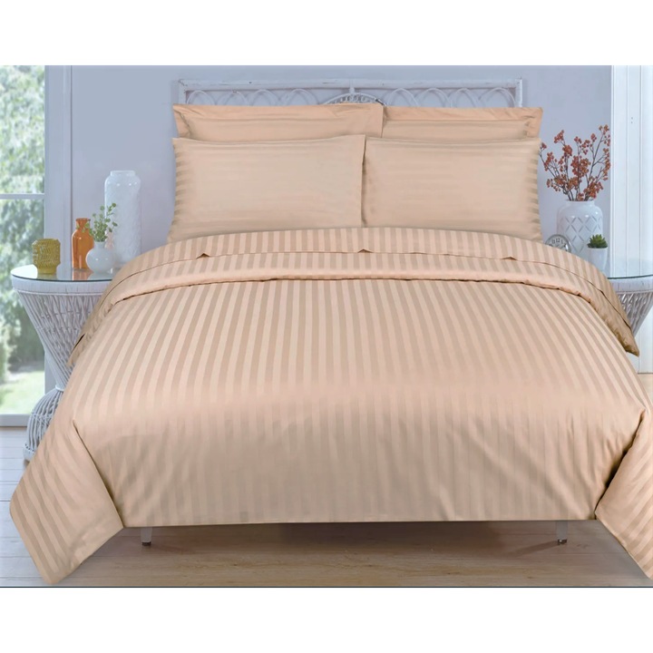 Чаршаф Kotonia Home Deco, 100% памук, Дамаски сатен, 240x260 см, размер на райе 1 см, Капучино