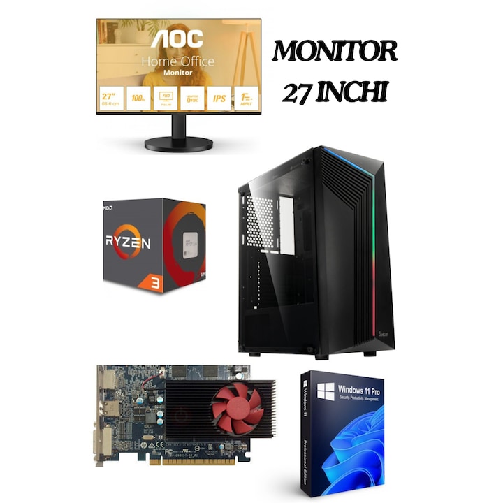 Настолен компютър с монитор AOC 27 inch+ Warior Ryzen3 1200 3.4Ghz, ram 16gb DDR4, ssd M2 240gb+ hdd 500GB, Radeon R7 450 4GB, GDDR5 128-bit, Windows 11