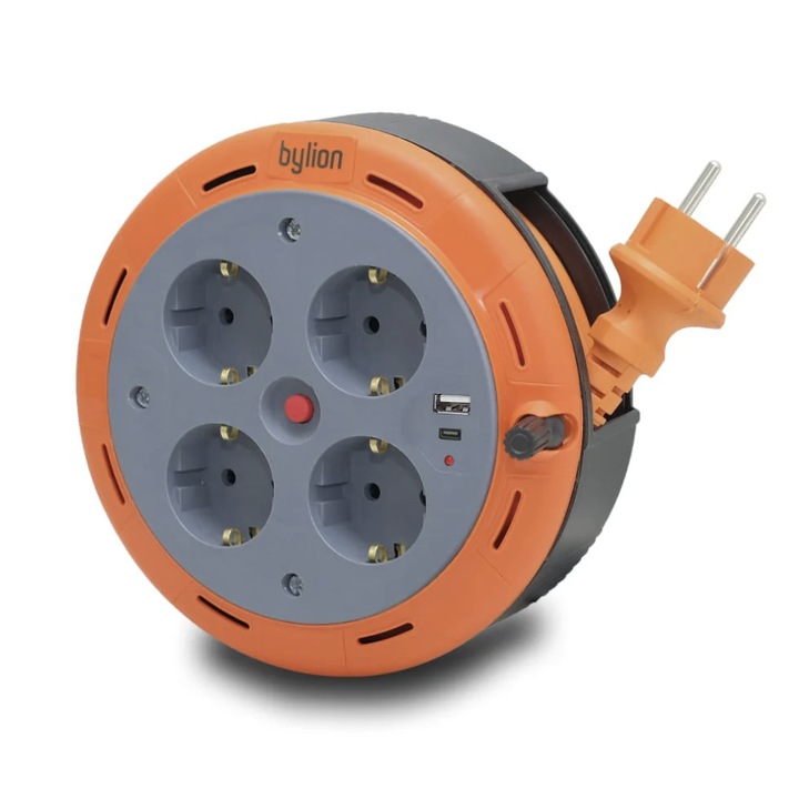 Tambur compact pentru cabluri Bylion, 5m, tip Schuko, USB, utilizare acasa