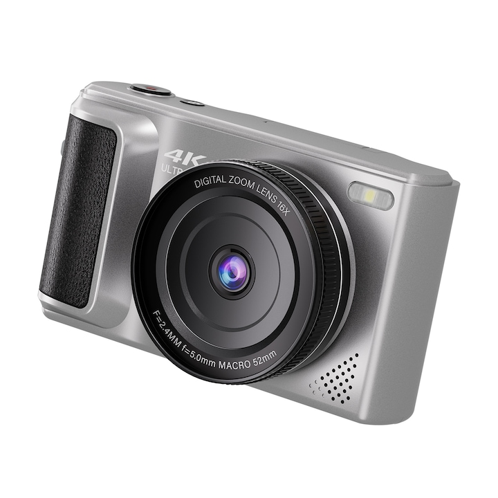 CCD kamera, 16x digitális zoom, 180°-os elforgatás, LED töltőlámpa, 2,8" IPS képernyő, hanggal aktiválható, 4K HD, 32G memóriakártya, szürke