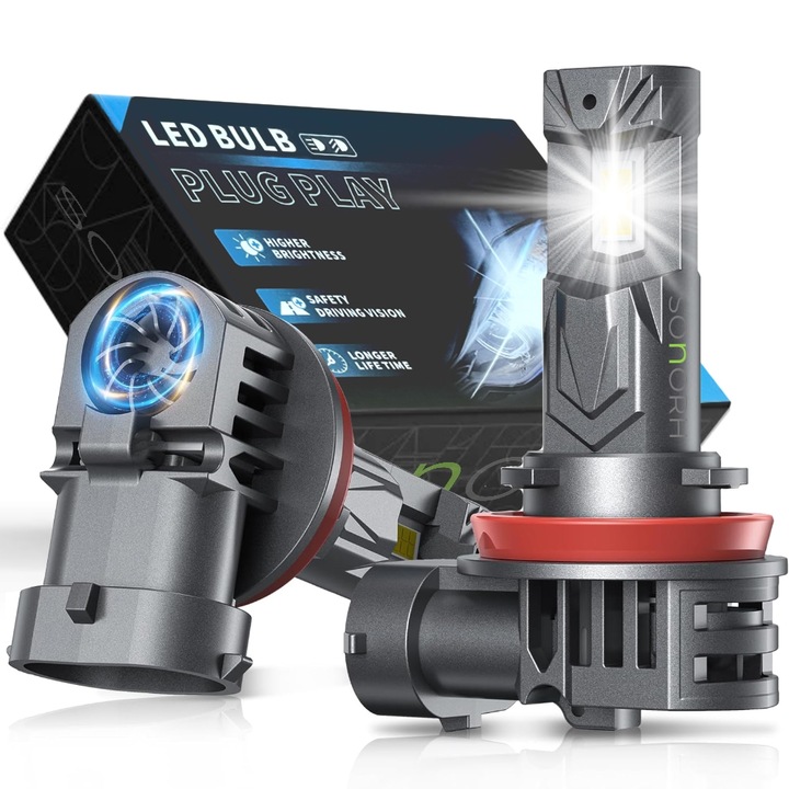 Комплект от 2 LED крушки H11, 120W, 6500K, 30000LM, Canbus Plug&Play, вентилатор и меден охлаждащ прът, 60000 часа, IP65, 7SP, SONORH®