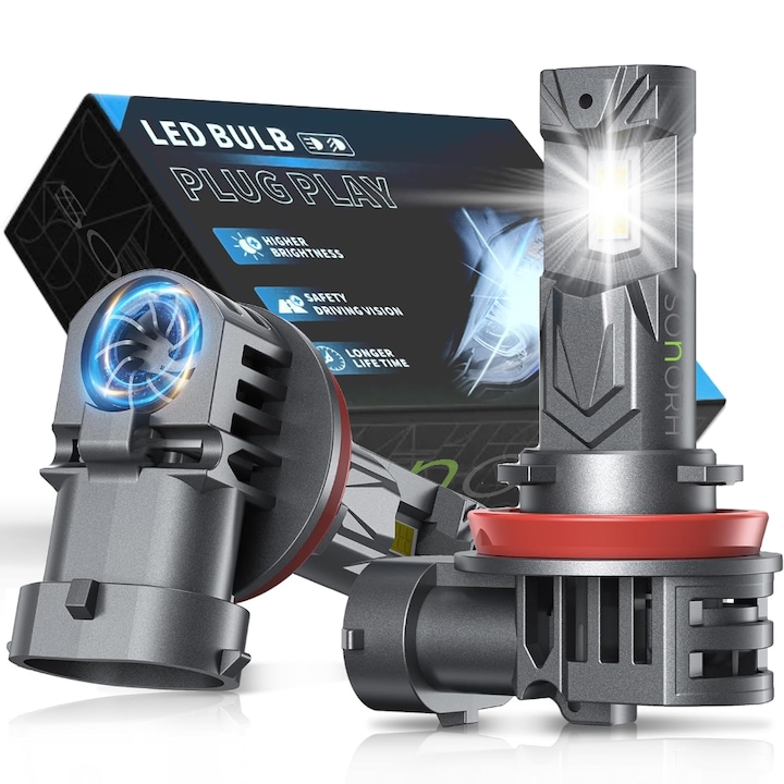 Set 2 Becuri LED H8/H9/H11, 120W, 6500K, 30000LM, Canbus Plug&Play, Ventilator si Tija Racire din Cupru, 60000 Ore, IP65, 7SP, SONORH®