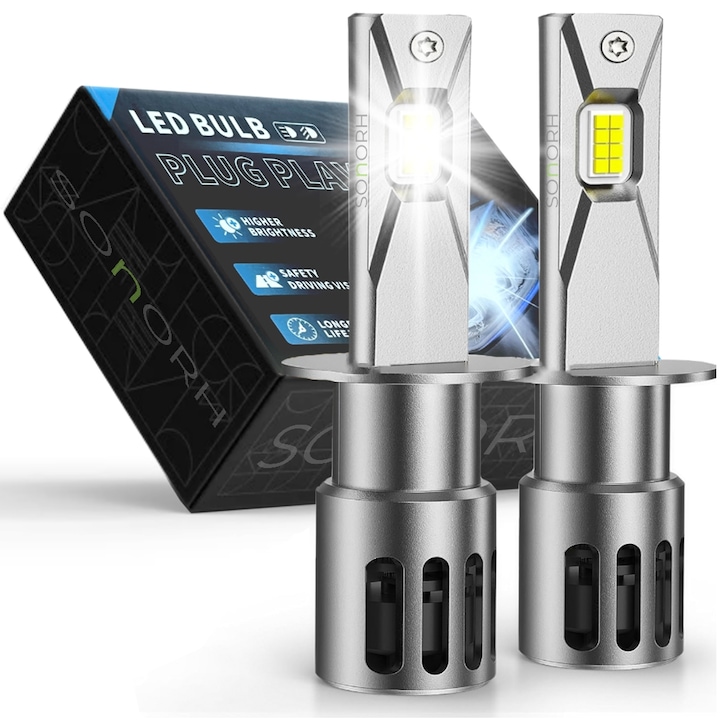 Set 2 Becuri LED H1, 120W, 6500K, 30000LM, Canbus Plug&Play, Ventilator si Tija Racire din Cupru, 60000 Ore, IP65, 7SP, SONORH®
