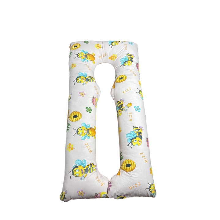 Perna gravide Ema 3 in 1, forma de U, Multifunctionala, Model Honey Bee Pink, Husa detasabila, Circulatie optima aer, Bumbac ranforce 100%, 135x75 cm