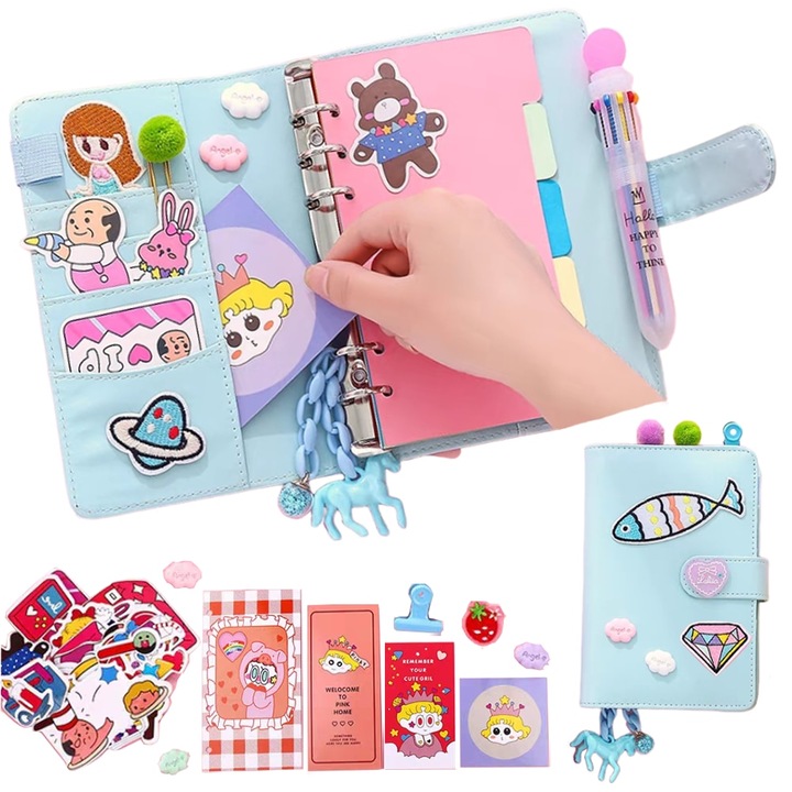 Set Agenda Multifunctionala A6, DIY Decoratiuni, Felicitari, Semne de Carte, Autocolante, Banda Adeziva, Separatoare, WALALLA, Piele Ecologica/PU, Albastru