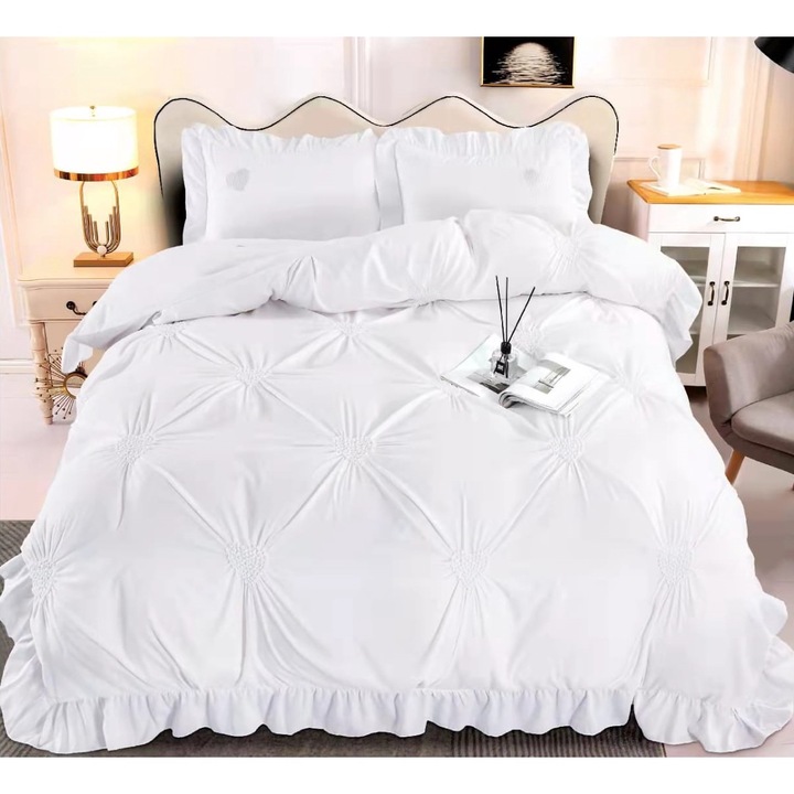 Set Lenjerie Eleganta CHIRASO, Bumbac, cu volanase, pentru pat dublu, 4 piese, Cearceaf de pat 220x240 cm, Cearceaf pilota 200x230 cm, 2 fete de perna 48x74cm, UNI, alb