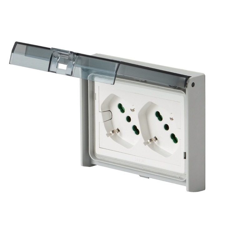 Priza Dubla, IP55, Standart Italian P40 (dual-size) / Schuko, 2P+E, 10/16A, Pre-Cablata, Montaj Incastrat in Doza de 3 Module, AC 250V, Gri, Linia OPERA/PLA, 125x81x39mm, Fanton
