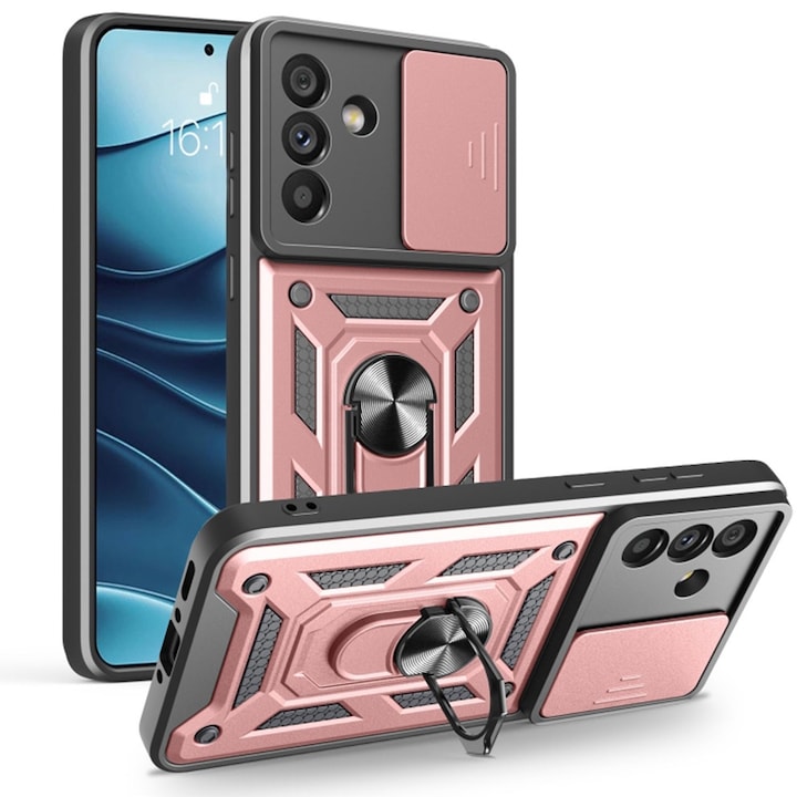Husa pentru Samsung Galaxy A56 Ring Armor Kickstand Tough Rugged Cover cu protectie camera Roz