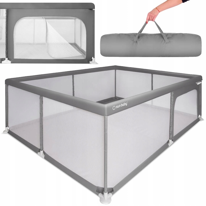 Tarc de joaca pentru bebelusi, Sun Baby, Spatiul Sigur de Joaca, Plasa de Protectie, Include Usa cu Fermoar, Geanta de Transport, Varsta 0-2 ani, 150x200x68 cm, Gri